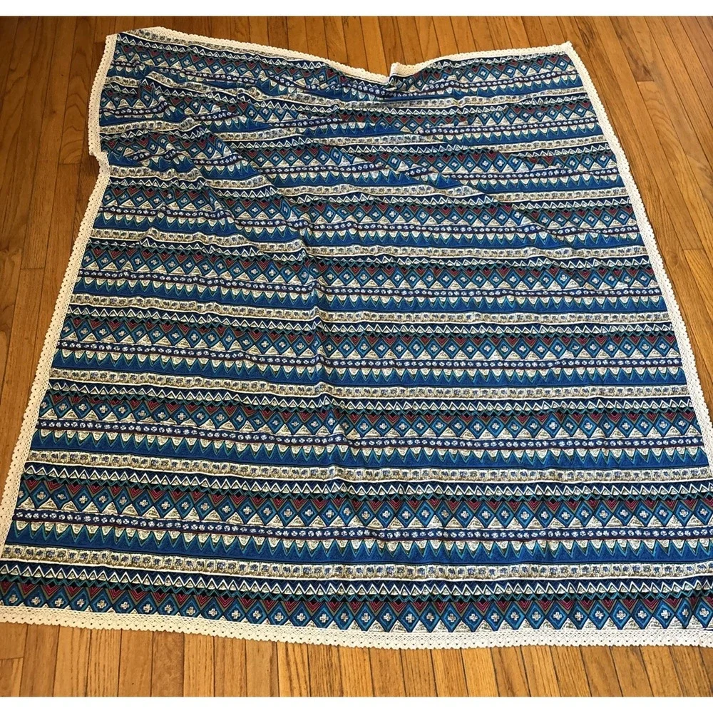 Vibrant Bohemian Mediterranean Blue Fabric Tablecloth Crochet Trim‎ Geometric